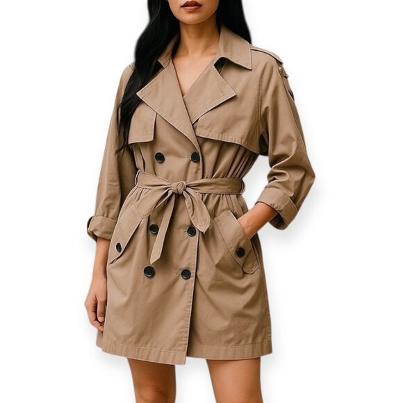 BCBGeneration Khaki Trench Coat Jacket Size L Belted Double Breasted Roll Sleeve - Picture 1 of 12
